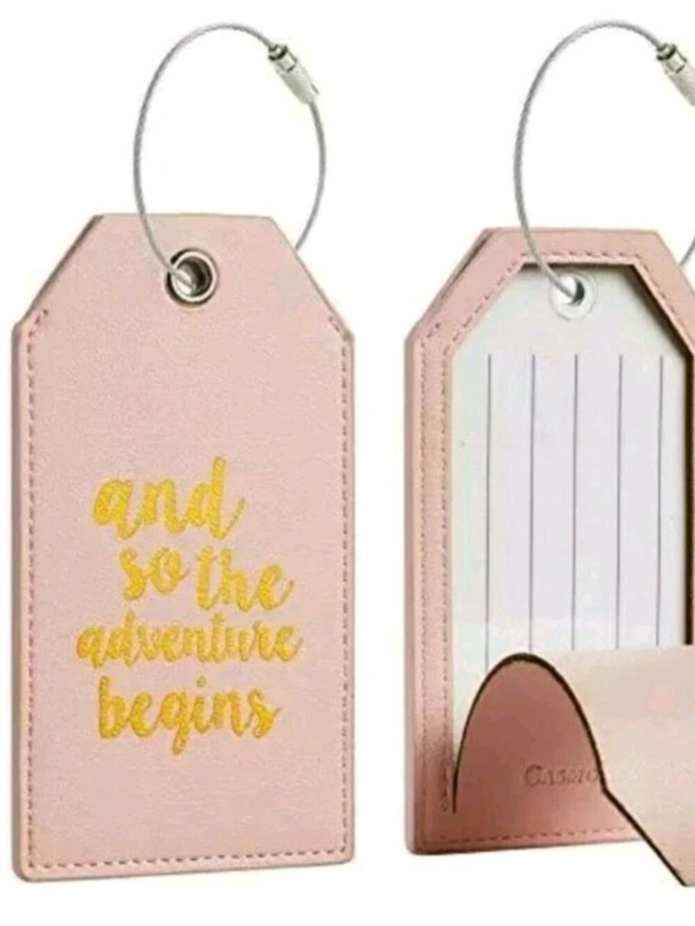 NEW Light Pink PU Leather AND SO THE ADVENTURE BEGINS Privacy Luggage Tags x 2